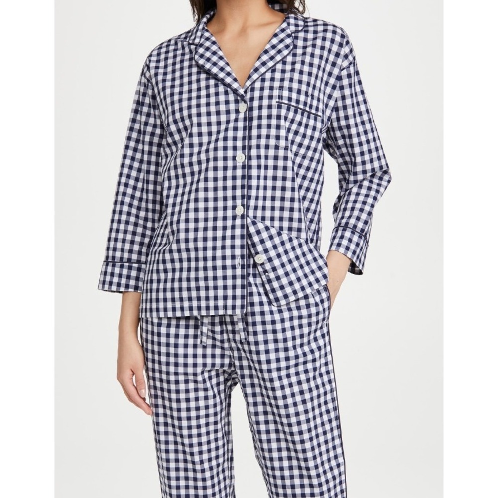 Sleepy Jones Marina Pajama Shirt Navy White Gingham Cotton Button Up Womens XL